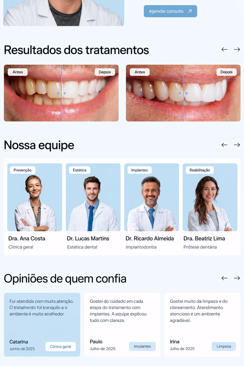 Página de clínica odontológica com antes e depois, equipe de dentistas e opiniões de pacientes