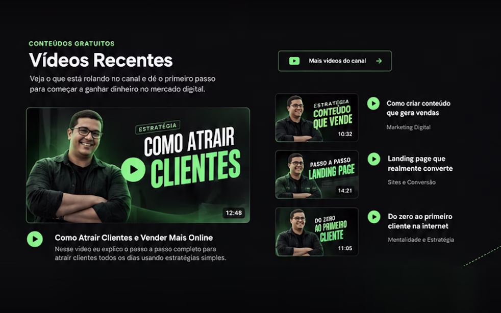 Seção Vídeos Recentes de um site de comunidade de marketing digital, em preto e verde, com um vídeo em destaque e uma lista de três vídeos