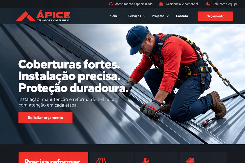 Site de uma empresa de telhados com a frase Coberturas fortes, instalação precisa, proteção duradoura