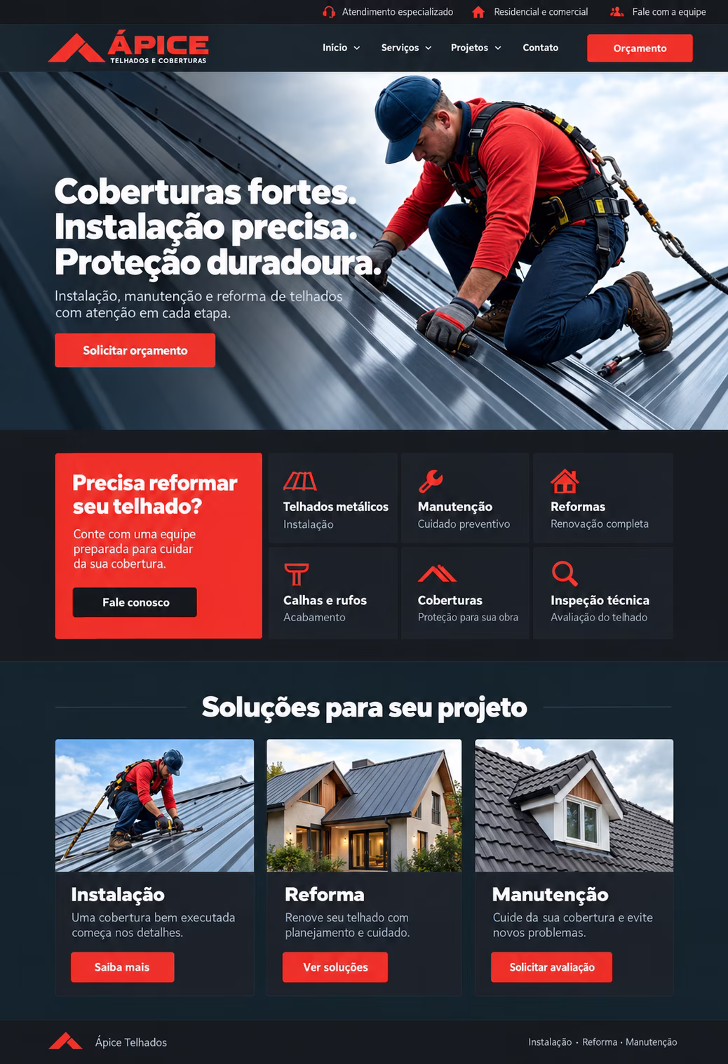 Página completa de uma empresa de telhados com serviços, soluções e pedido de orçamento