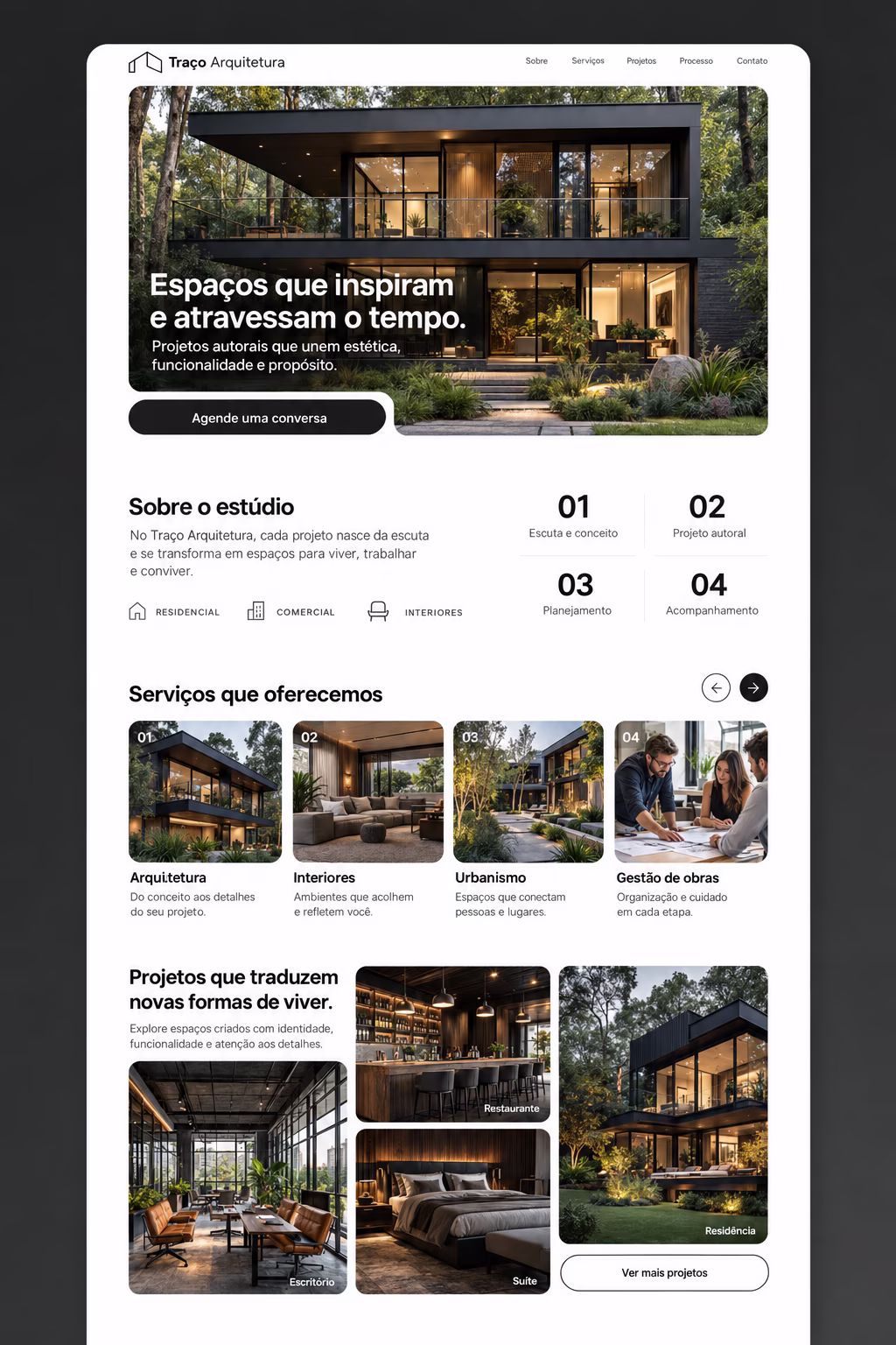 Página completa de um escritório de arquitetura com sobre o estúdio, serviços e galeria de projetos