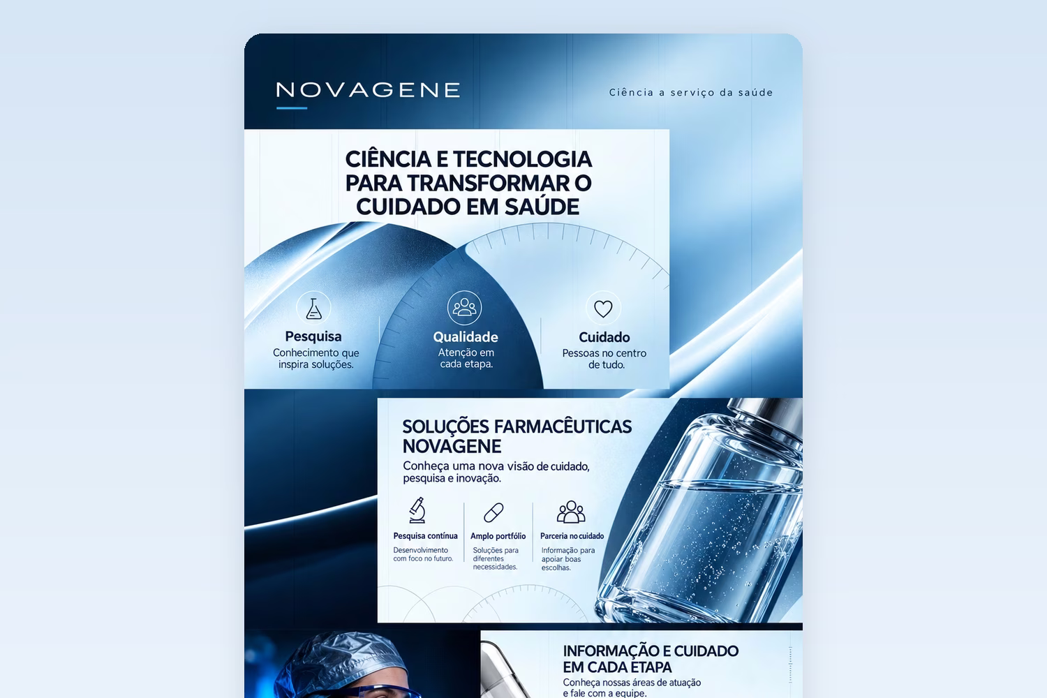 Site de soluções farmacêuticas com a frase Ciência e tecnologia para transformar o cuidado em saúde