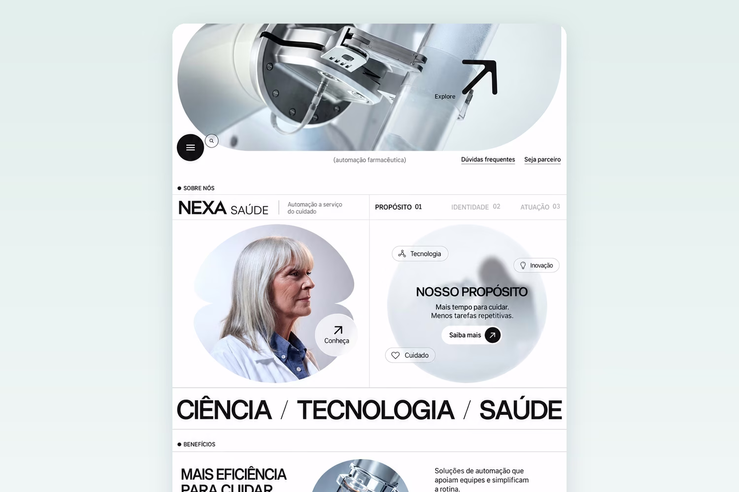 Site de tecnologia em saúde com a marca Nexa Saúde, imagens de automação e a frase Mais eficiência para cuidar melhor